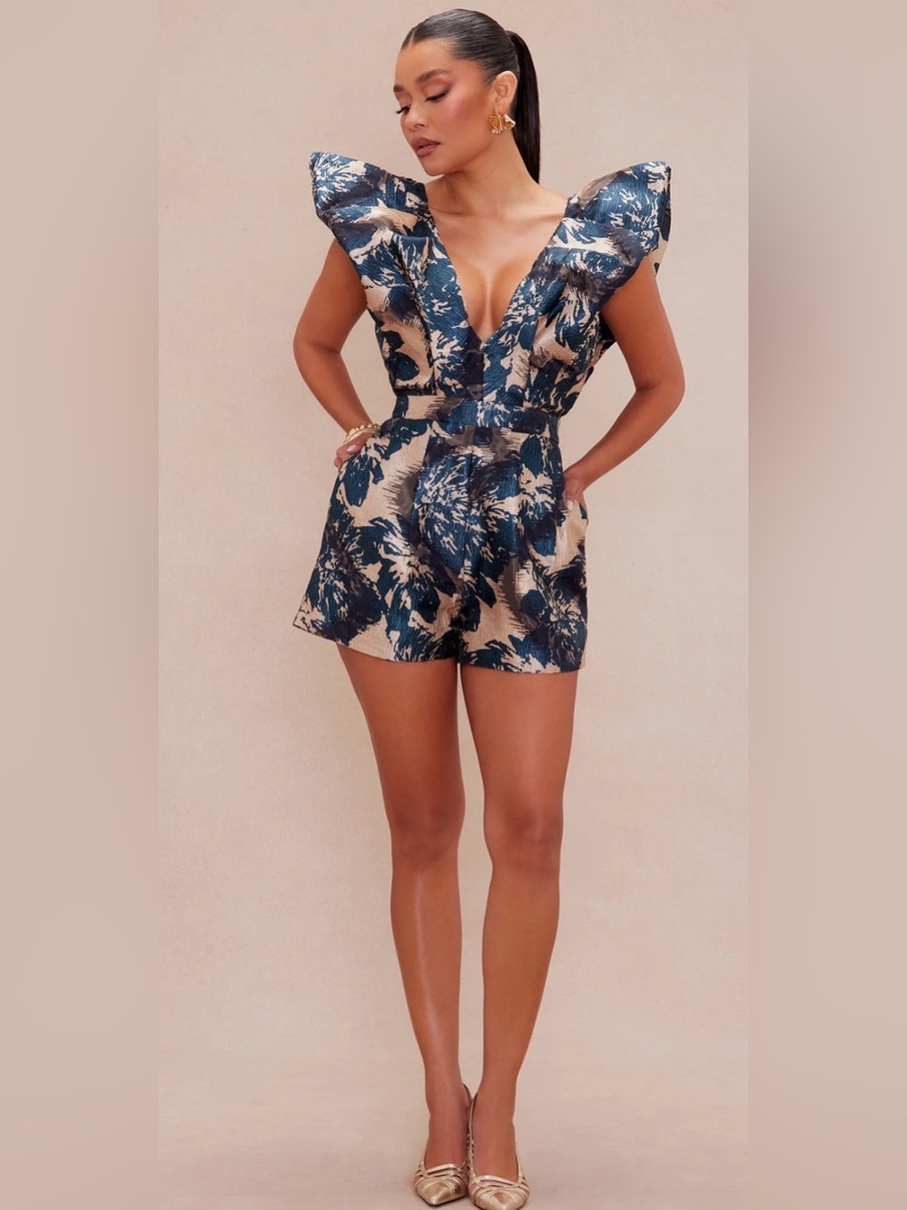 NovaLuxe Deep V Textured Floral Romper in Dark teal and Gold